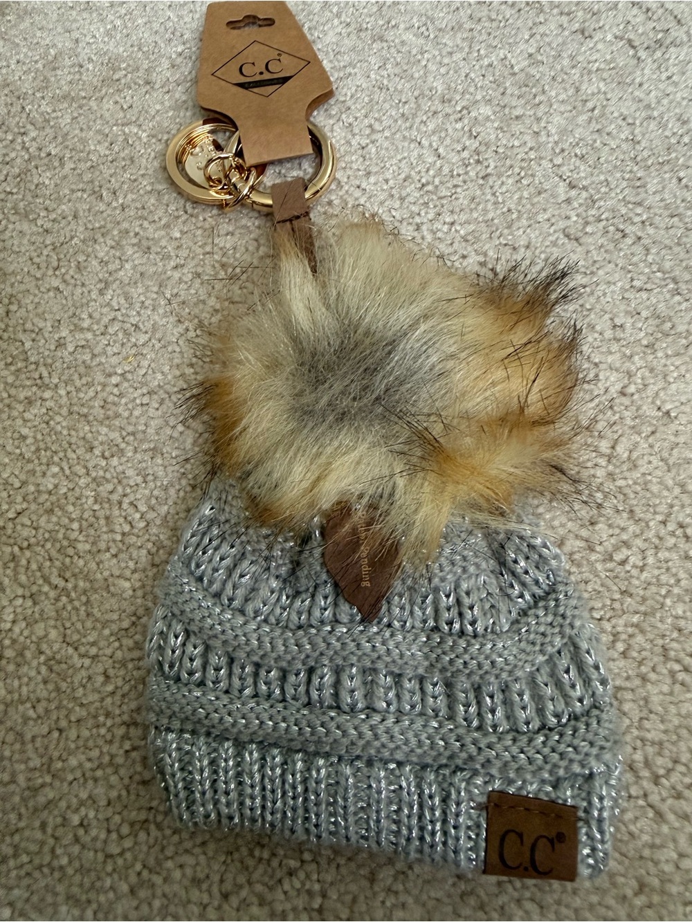 C.C. Exclusives Mini Knit Pom Keychain - Gray Sparkle with Tan Pom NEW WITH TAGS